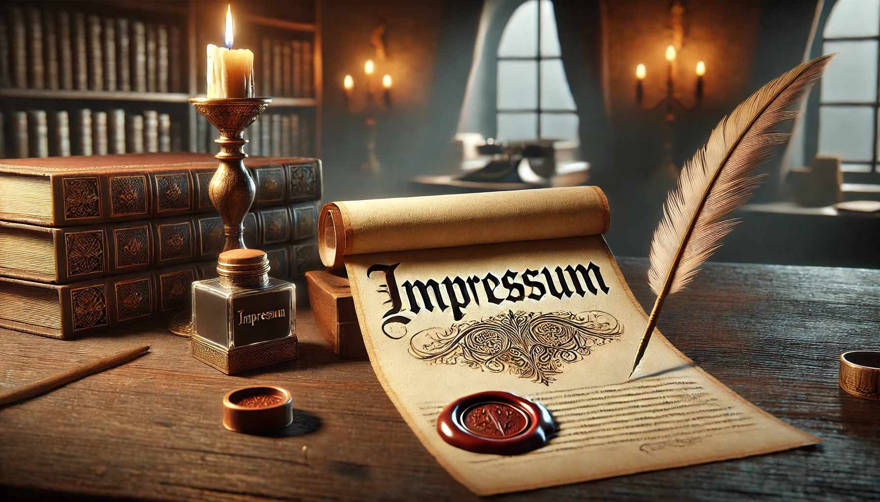 Bild für das Impressum mit dem Schriftzug „Impressum“ auf einem Pergament in einer traditionellen, professionellen Umgebung.